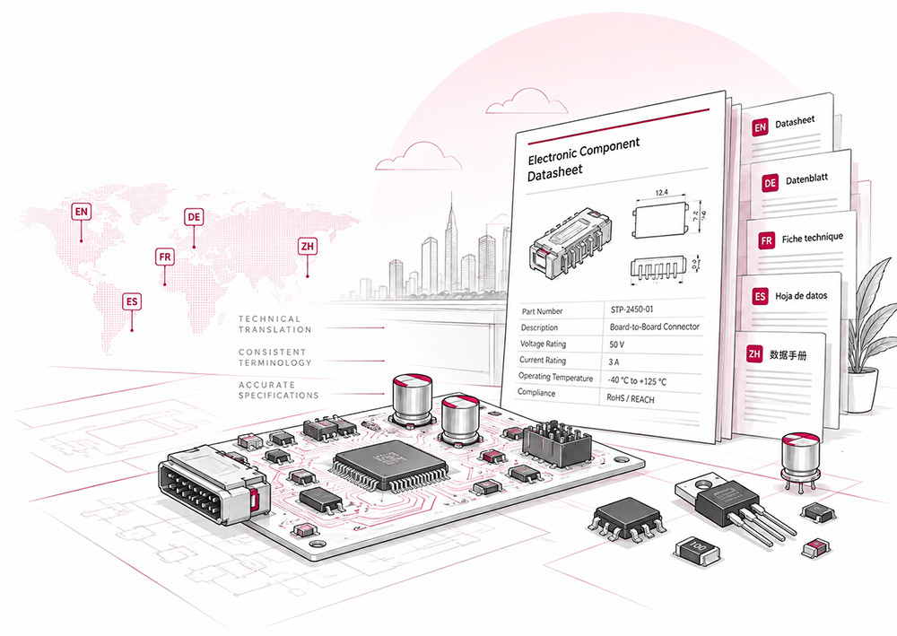Abstract electronic component and technical documentation illustration
