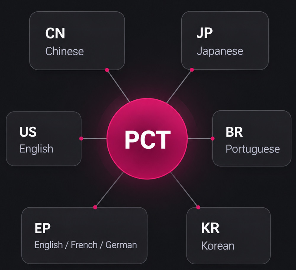 One central PCT application connected to multiple language and filing-market outputs
