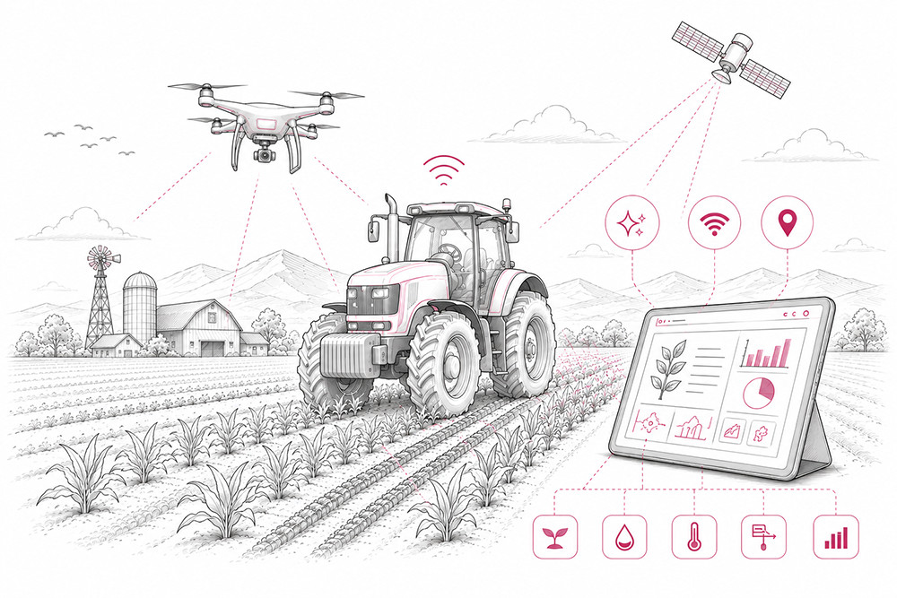 Illustration representing agriculture, agricultural technology, and multilingual communication