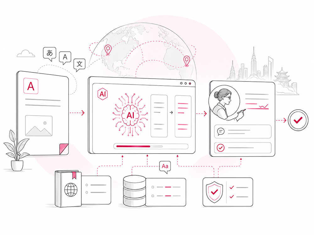 AI translation workflow connecting source content, language assets, professional human review, quality assurance, and approved multilingual delivery