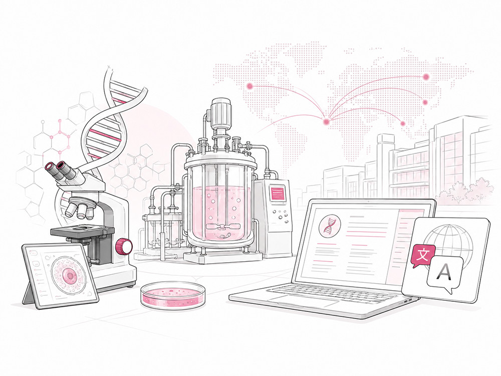 Biotechnology research, genomics, laboratory analysis, biomanufacturing, and global content connected in one scientific ecosystem