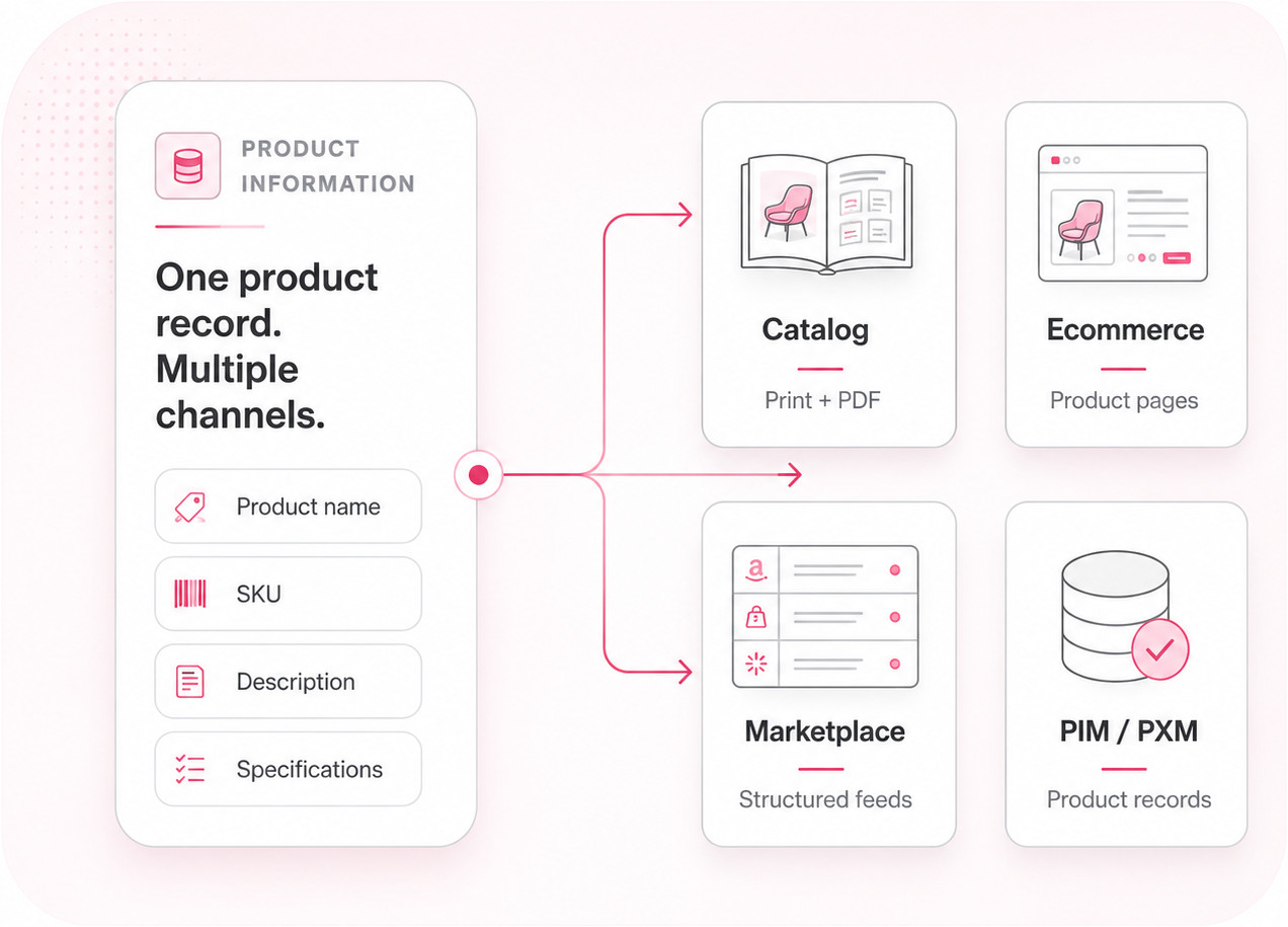 Illustrative product information flowing to print catalog, ecommerce, marketplace, and PIM or PXM channels
