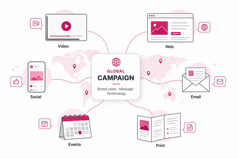 One global campaign branching into eight connected marketing channels