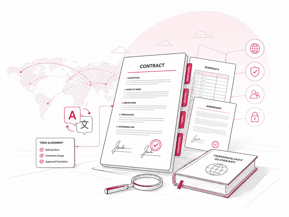 Illustration of a multilingual contract with connected clauses, defined terms, and supporting documents