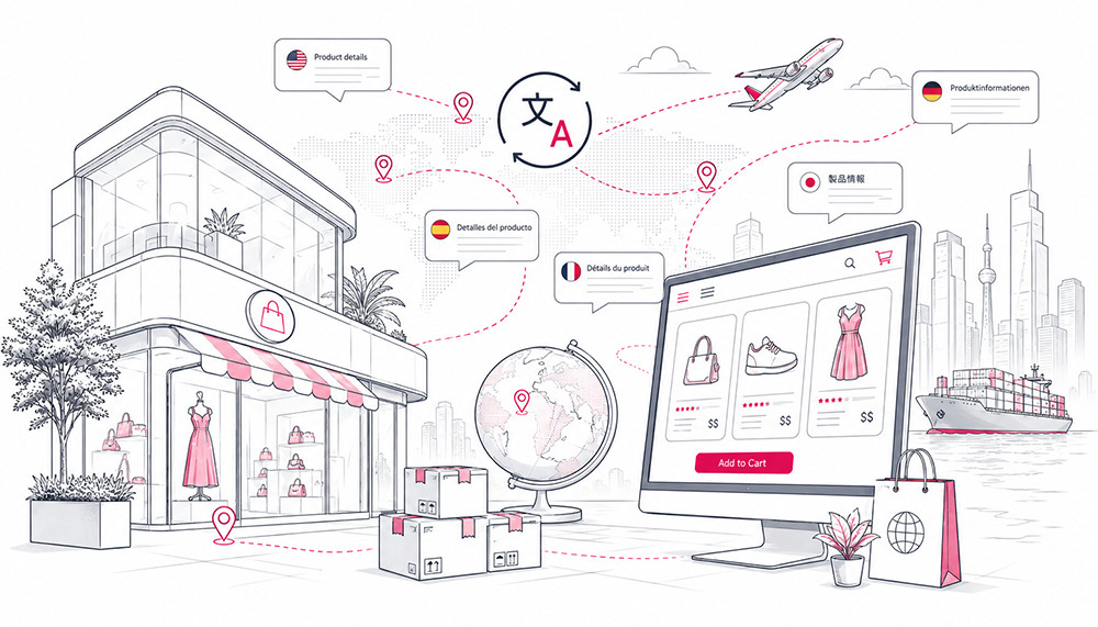Connected e-commerce content moving through a multilingual localization workflow