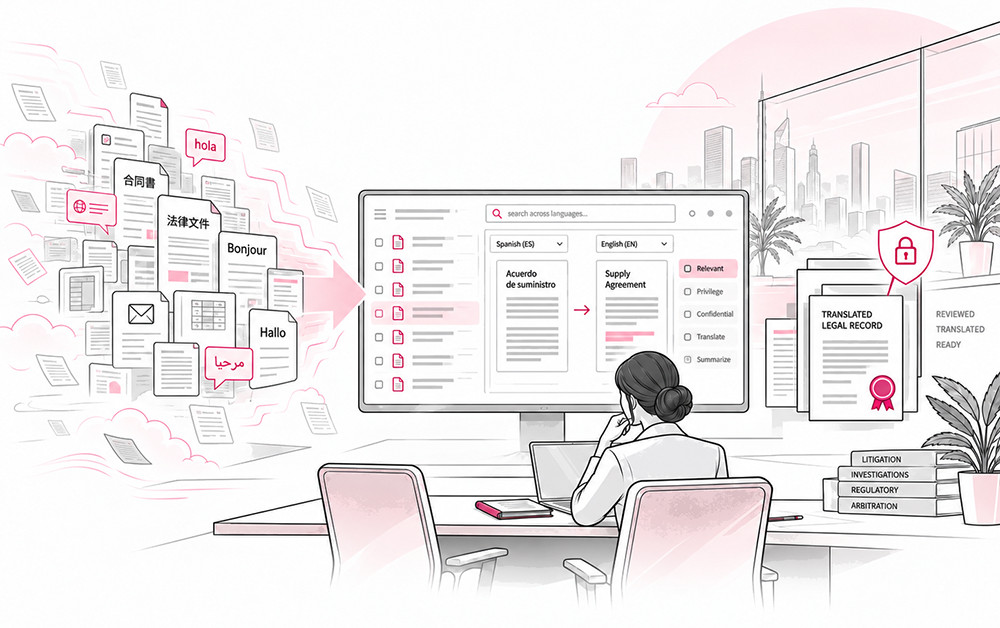 Abstract multilingual eDiscovery workflow illustration