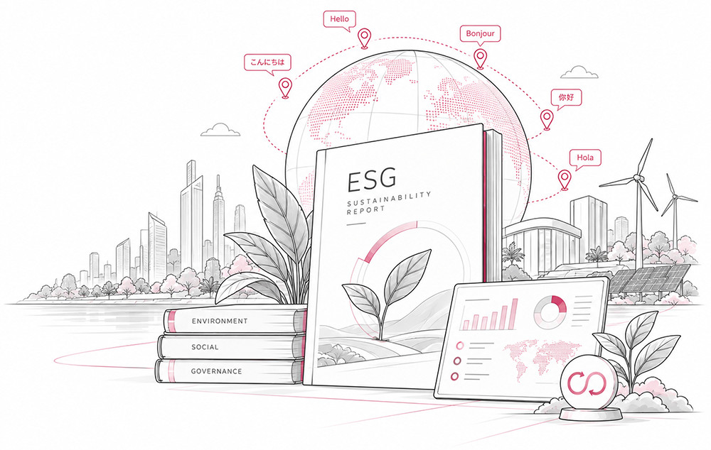 Stylized ESG sustainability report and multilingual data visualization