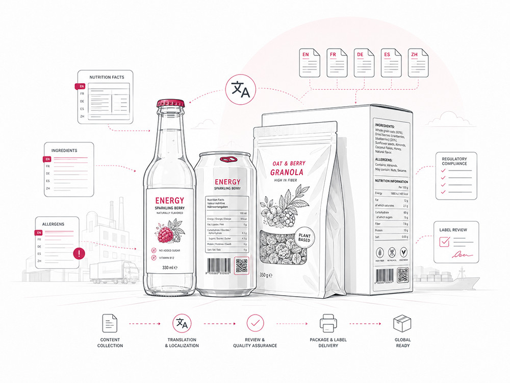Food and beverage package, label information, and multilingual product content illustration
