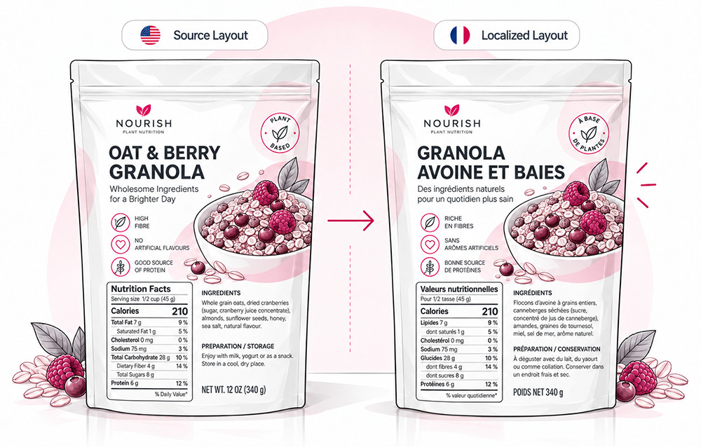 Illustration comparing source and localized food packaging artwork