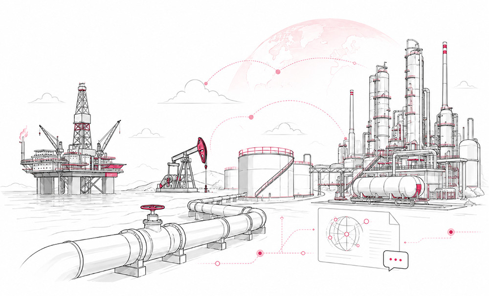 Line illustration of upstream, midstream, downstream, and digital oil and gas operations