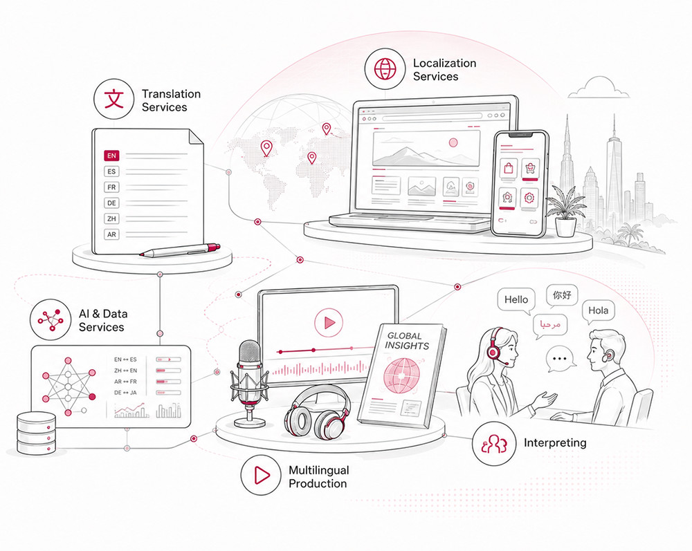 Connected multilingual services across documents, digital products, AI data, multimedia, and live communication