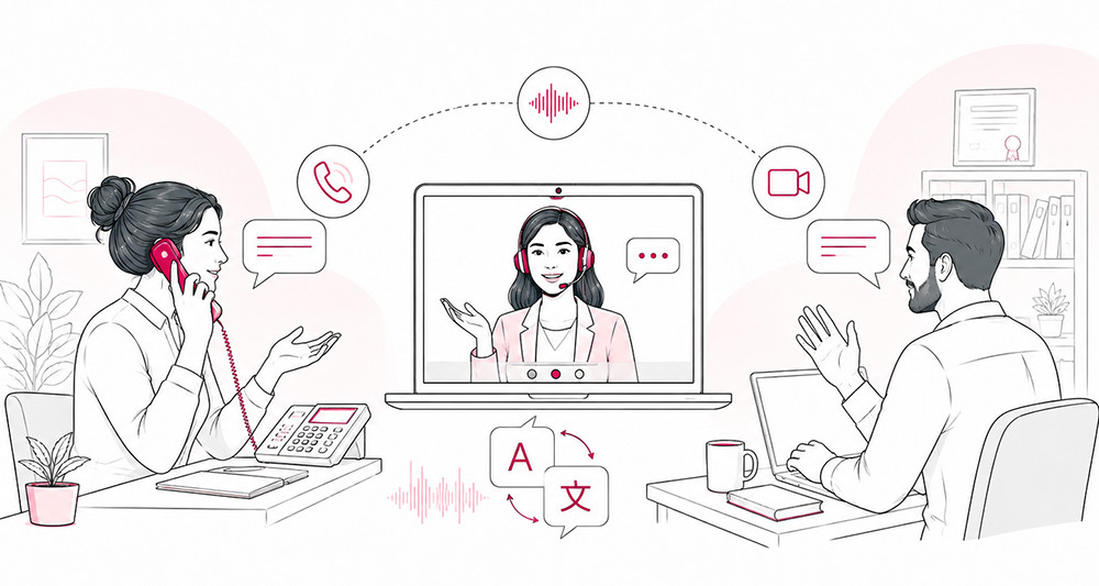 A remote interpreter connecting two participants through phone and video