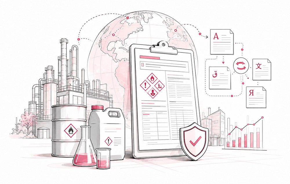 Illustration of multilingual Safety Data Sheet translation and chemical hazard communication