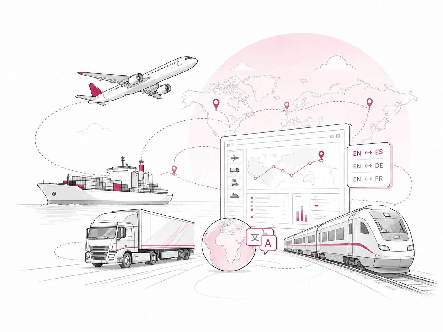 Rail, air, road, maritime, and digital transportation connected through multilingual conten