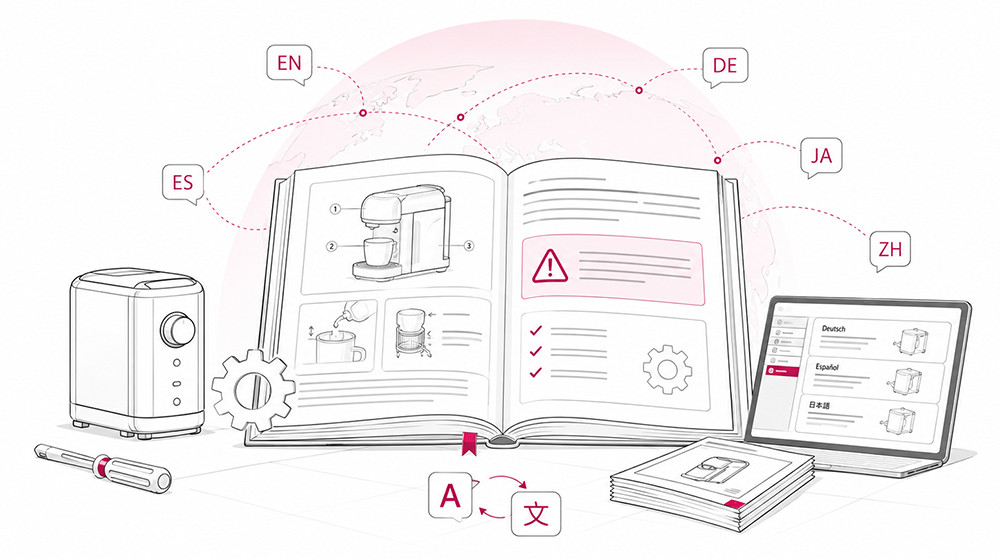 Illustration of a product manual translated into multiple languages