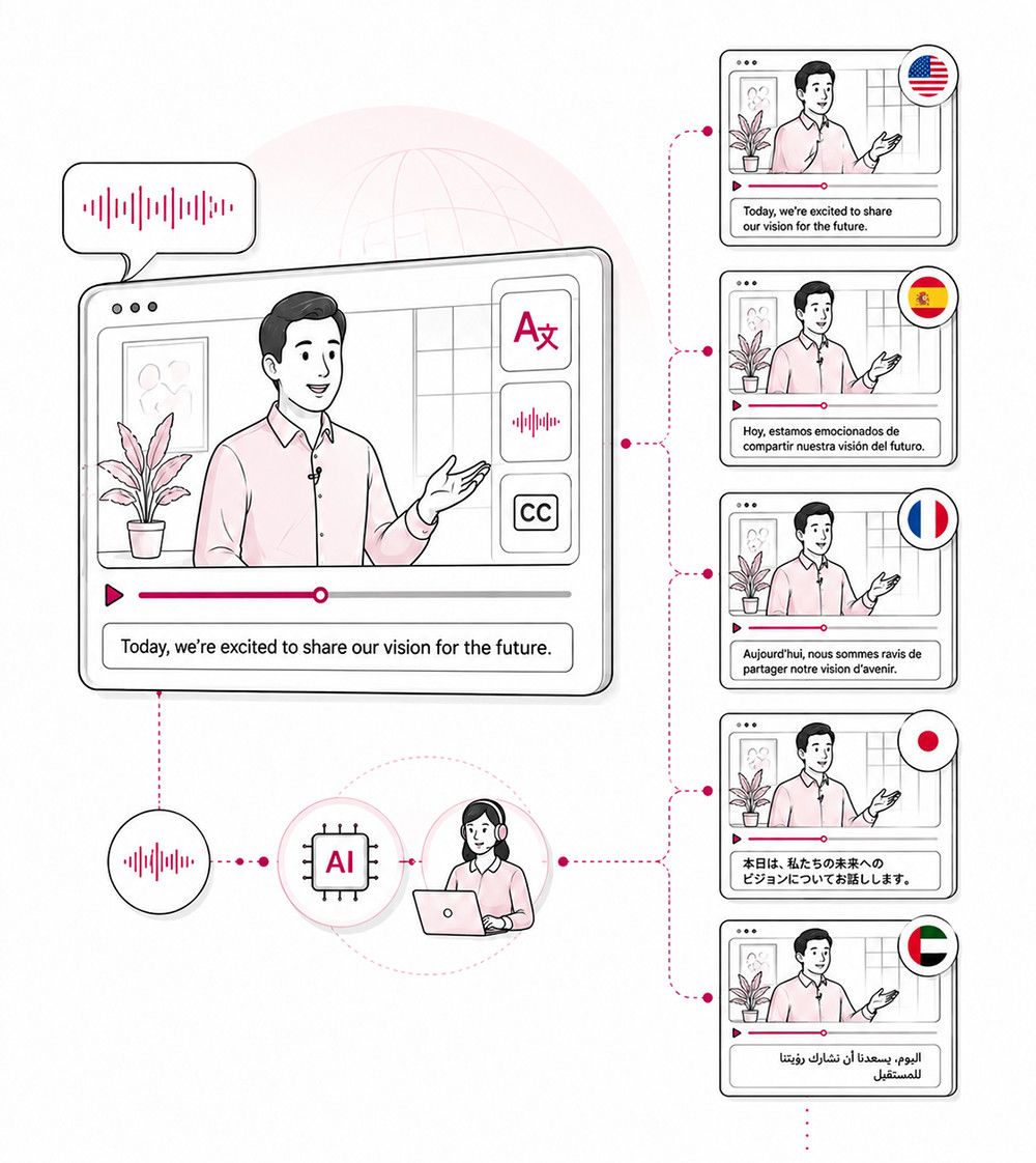 Illustration of one source video becoming multiple localized video experiences