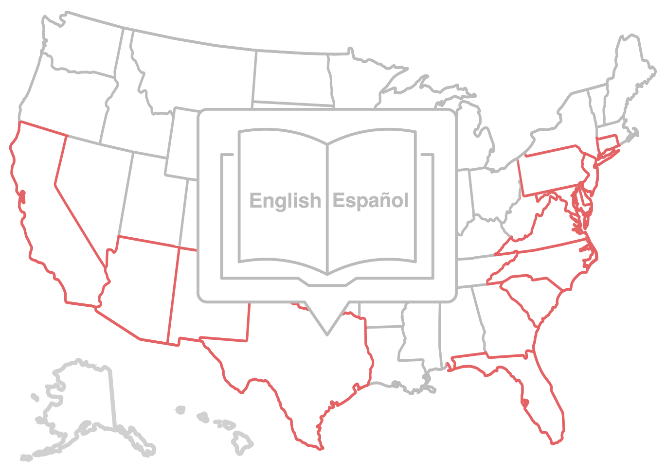 Red outlines show states where US Spanish is most prevalent